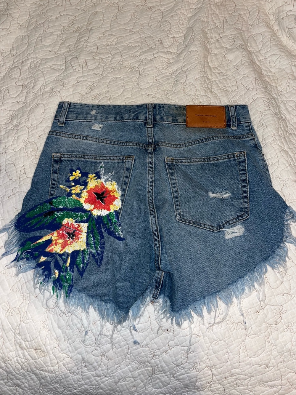 Zara Blue Denim Shorts with Colorful Floral Embroidery